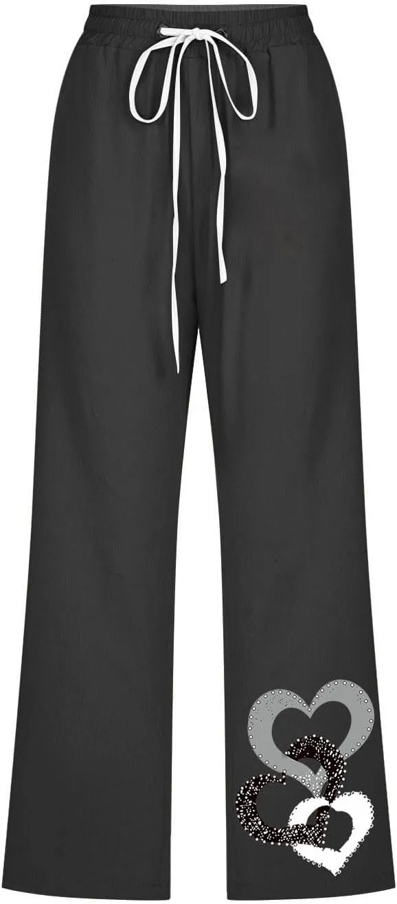 Womens Pants Drawstring Casual Lightweight Straight Leg Pants Loose Comfy Heart-Shaped Print Trousers with Pockets
