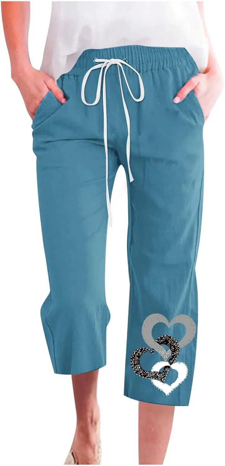 Womens Pants Drawstring Casual Lightweight Straight Leg Pants Loose Comfy Heart-Shaped Print Trousers with Pockets