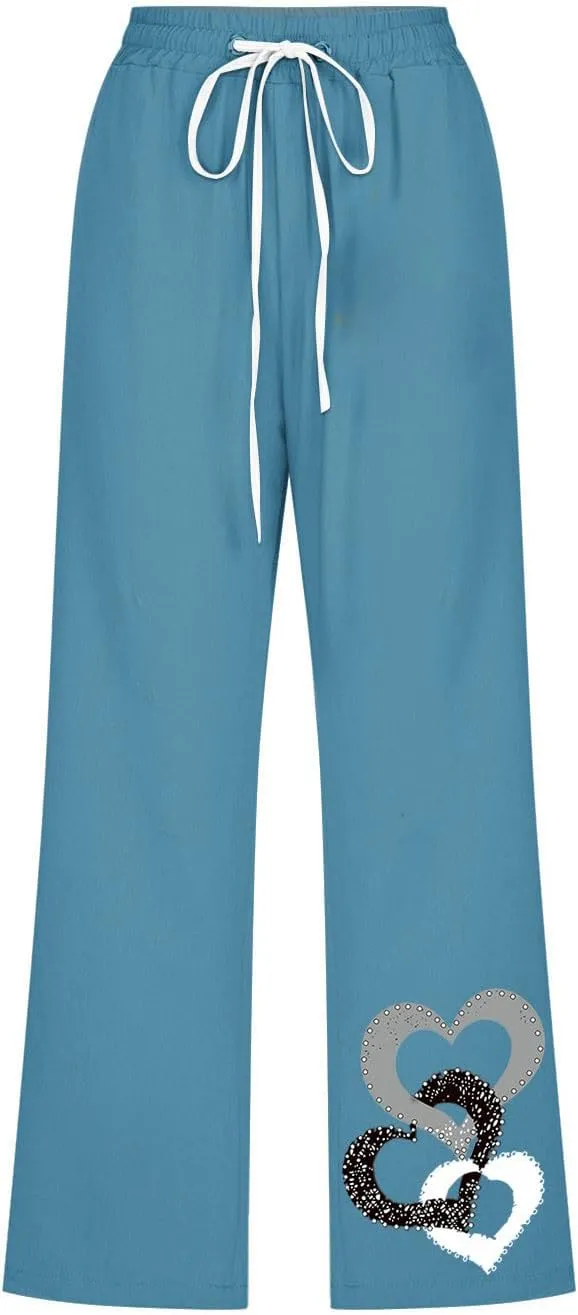 Womens Pants Drawstring Casual Lightweight Straight Leg Pants Loose Comfy Heart-Shaped Print Trousers with Pockets
