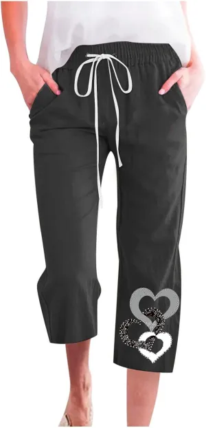 Womens Pants Drawstring Casual Lightweight Straight Leg Pants Loose Comfy Heart-Shaped Print Trousers with Pockets