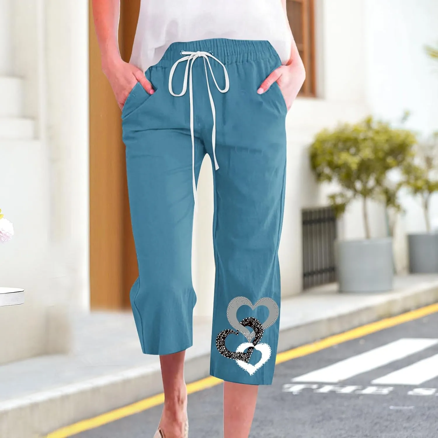 Womens Pants Drawstring Casual Lightweight Straight Leg Pants Loose Comfy Heart-Shaped Print Trousers with Pockets