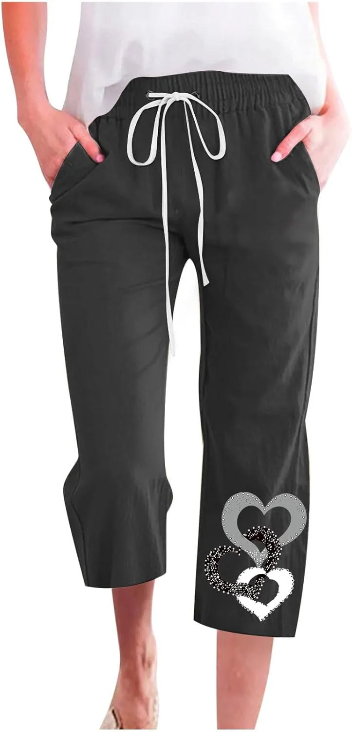 Womens Pants Drawstring Casual Lightweight Straight Leg Pants Loose Comfy Heart-Shaped Print Trousers with Pockets
