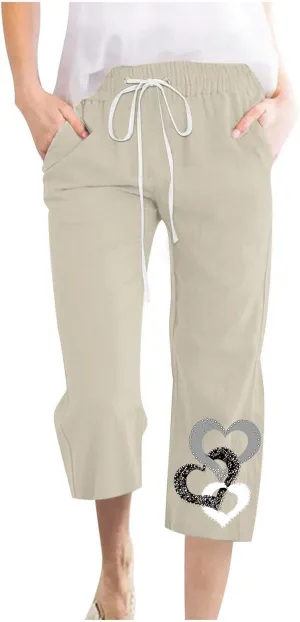 Womens Pants Drawstring Casual Lightweight Straight Leg Pants Loose Comfy Heart-Shaped Print Trousers with Pockets