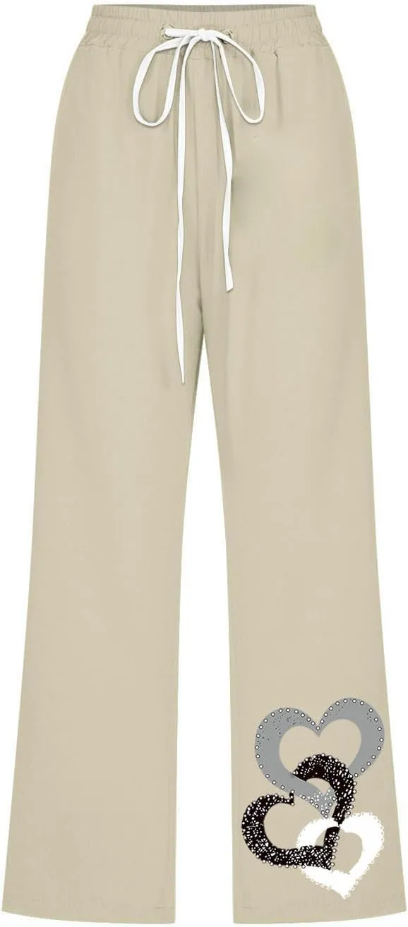 Womens Pants Drawstring Casual Lightweight Straight Leg Pants Loose Comfy Heart-Shaped Print Trousers with Pockets