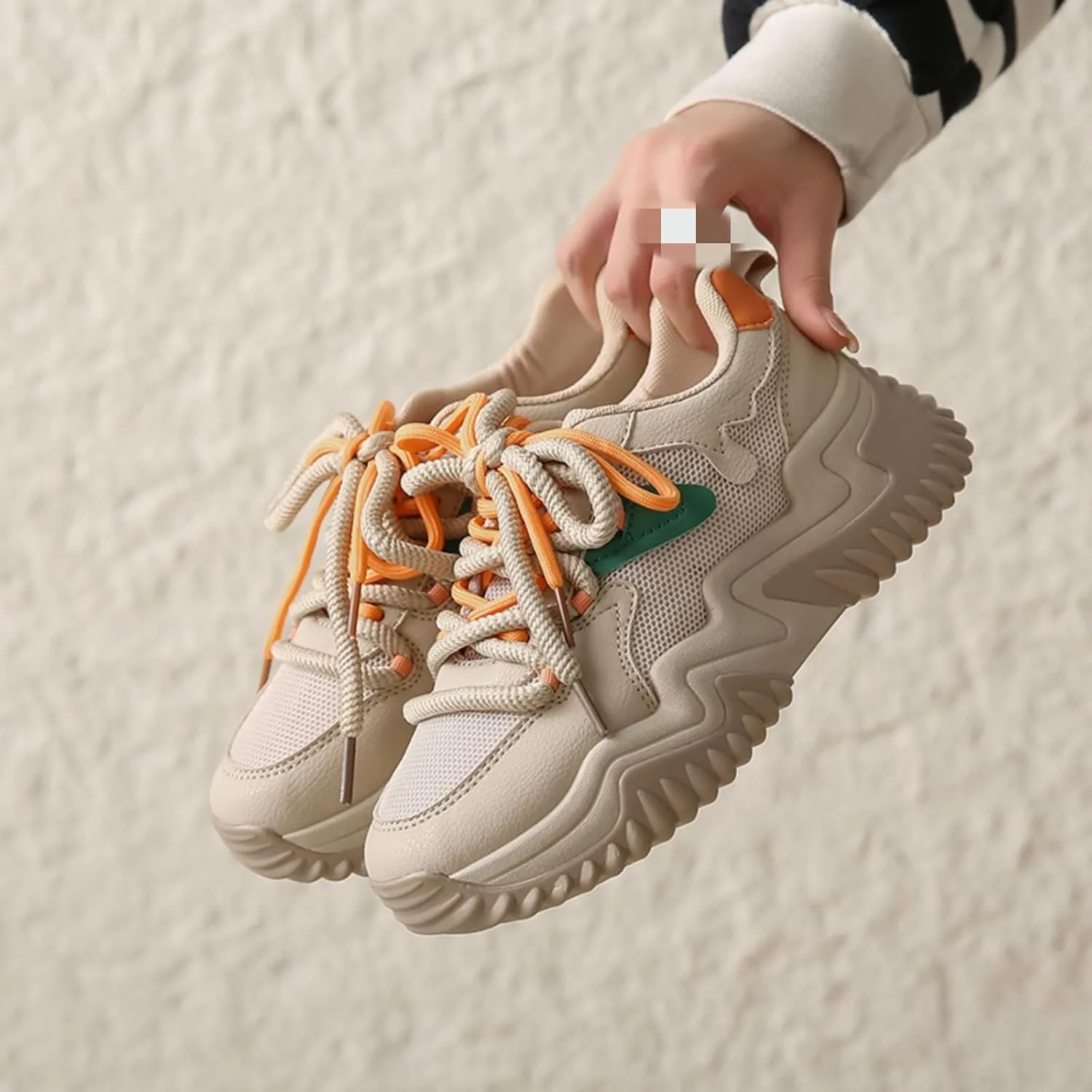 Women's Platform Sneakers, Fashion Chunky Casual Shoes with Colorful Patchwork and Retro Braided Design for Walking