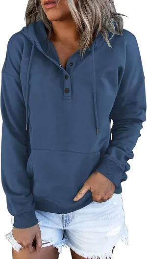 Womens Pure Color Oversized Hoodies Button V Neck Athletic Hooded Sweatshirts Fall Winter Pullover with Pocket