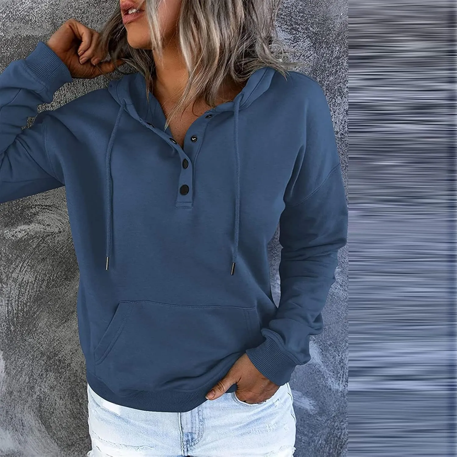 Womens Pure Color Oversized Hoodies Button V Neck Athletic Hooded Sweatshirts Fall Winter Pullover with Pocket