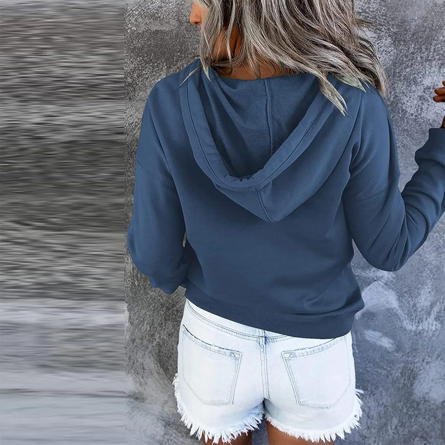 Womens Pure Color Oversized Hoodies Button V Neck Athletic Hooded Sweatshirts Fall Winter Pullover with Pocket