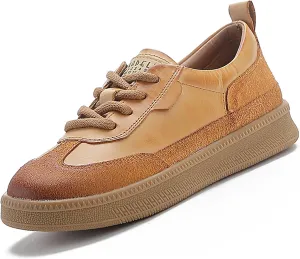Women's Retro Genuine Leather Platform Sneakers Fashion Patchwork Lace-Up Non-Slip Tennis Shoes Comfortable Walking Shoes