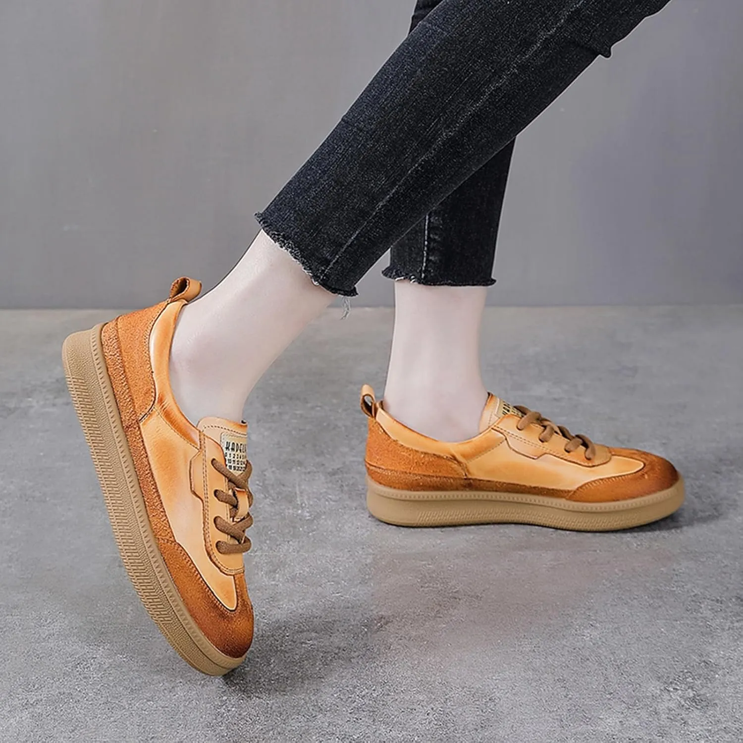 Women's Retro Genuine Leather Platform Sneakers Fashion Patchwork Lace-Up Non-Slip Tennis Shoes Comfortable Walking Shoes