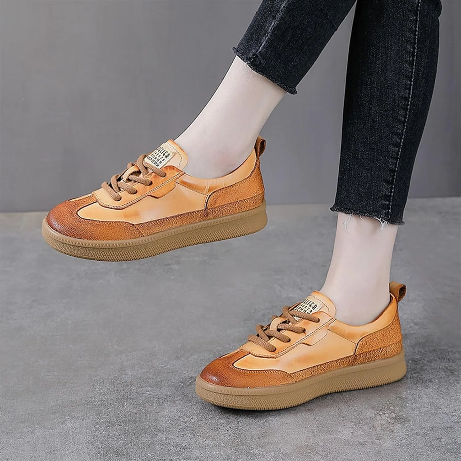 Women's Retro Genuine Leather Platform Sneakers Fashion Patchwork Lace-Up Non-Slip Tennis Shoes Comfortable Walking Shoes