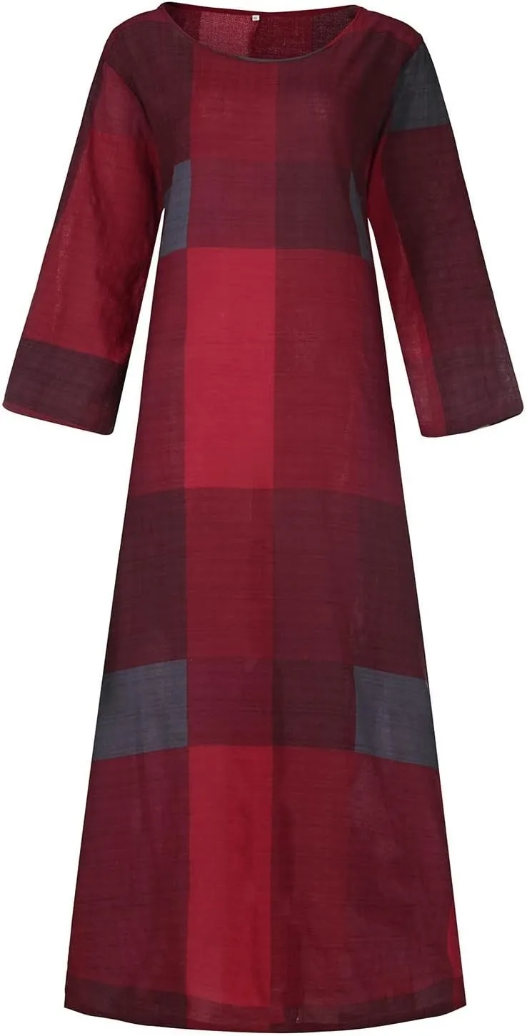 Womens Retro Plaid Cotton Linen Dress Summer 2025 Patchwork Swing Maxi Sundress Loose Lightweight Casual Dresses