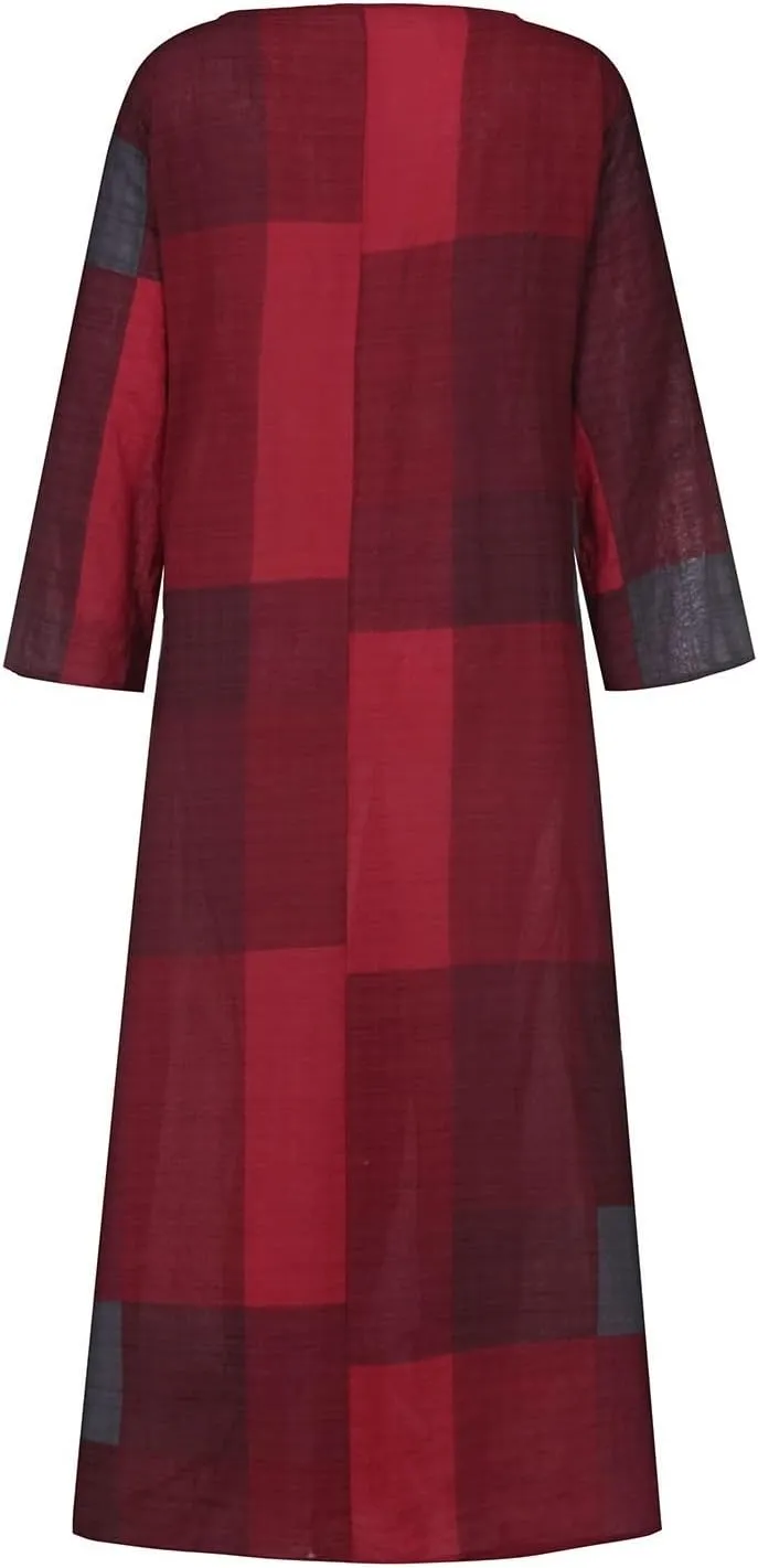 Womens Retro Plaid Cotton Linen Dress Summer 2025 Patchwork Swing Maxi Sundress Loose Lightweight Casual Dresses