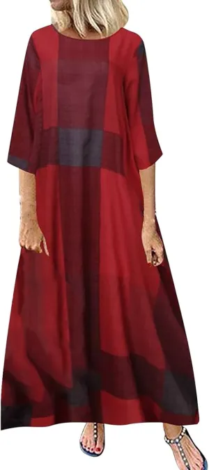 Womens Retro Plaid Cotton Linen Dress Summer 2025 Patchwork Swing Maxi Sundress Loose Lightweight Casual Dresses