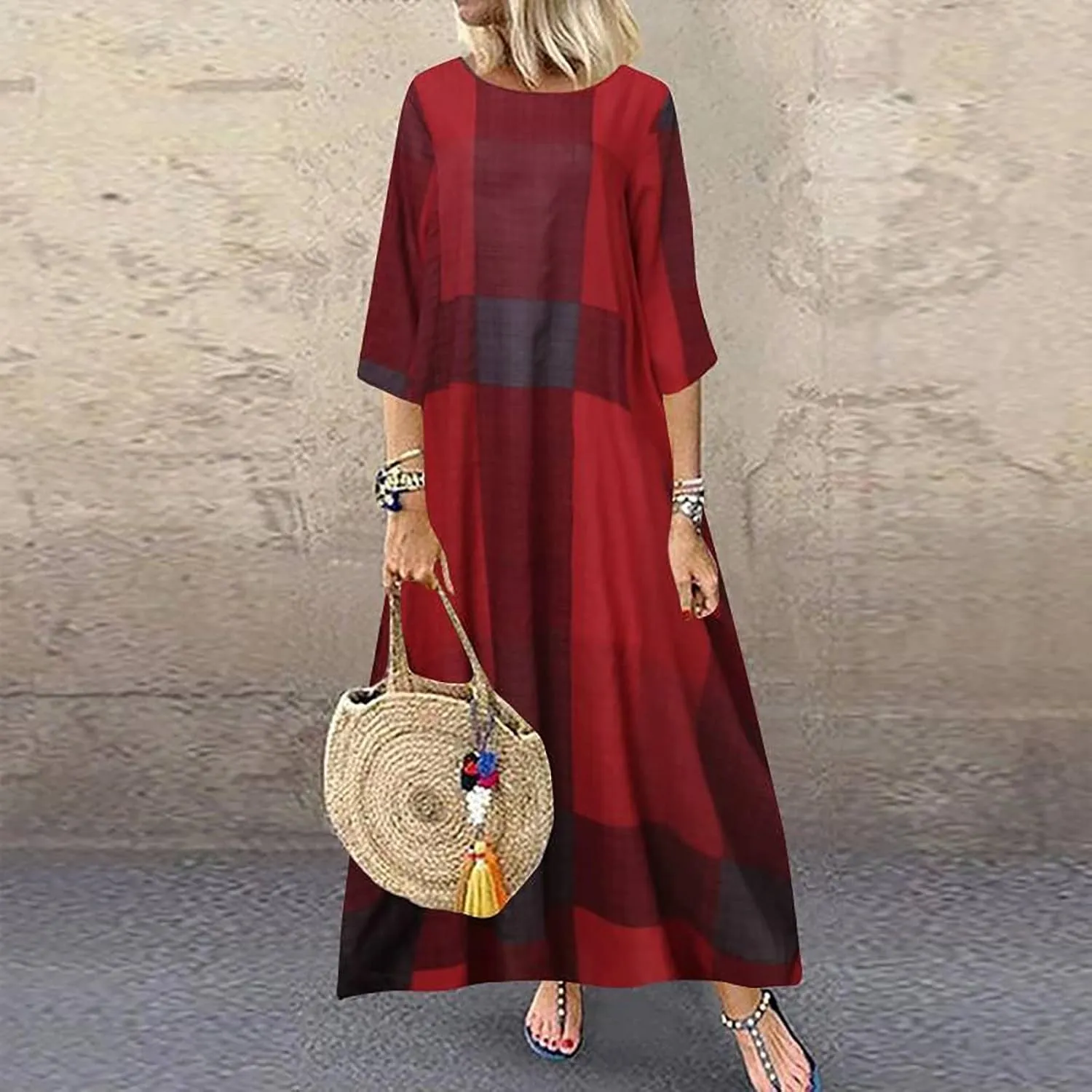Womens Retro Plaid Cotton Linen Dress Summer 2025 Patchwork Swing Maxi Sundress Loose Lightweight Casual Dresses