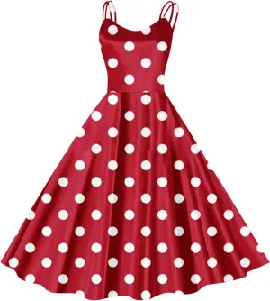 Women's Rockabilly 50s Vintage Spaghetti Strap Sleeveless Polka Dots Cocktail Swing Dresses Retro Pinup Audrey Dress