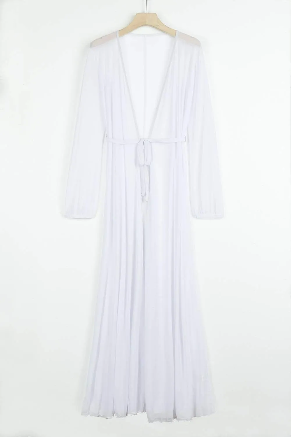 Women's Sexy Thin Mesh Long Sleeve Tie Front Swimsuit Swim Beach Maxi Cover Up Dress