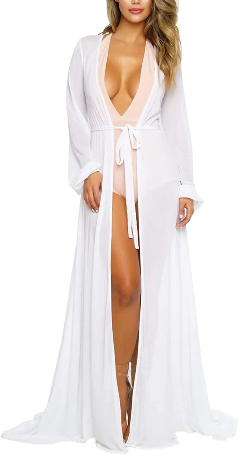 Women's Sexy Thin Mesh Long Sleeve Tie Front Swimsuit Swim Beach Maxi Cover Up Dress