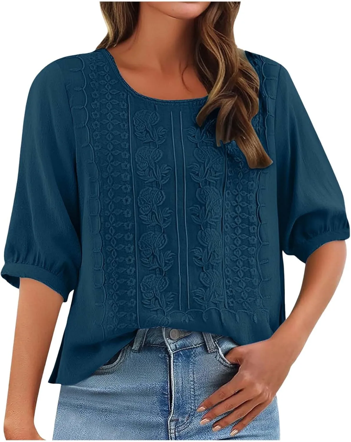 Womens Shirts 3/4 Sleeve Roll Up Short Sleeve T Shirt Trendy Cute Floral Print Blouse 2025 Summer Shirt Women