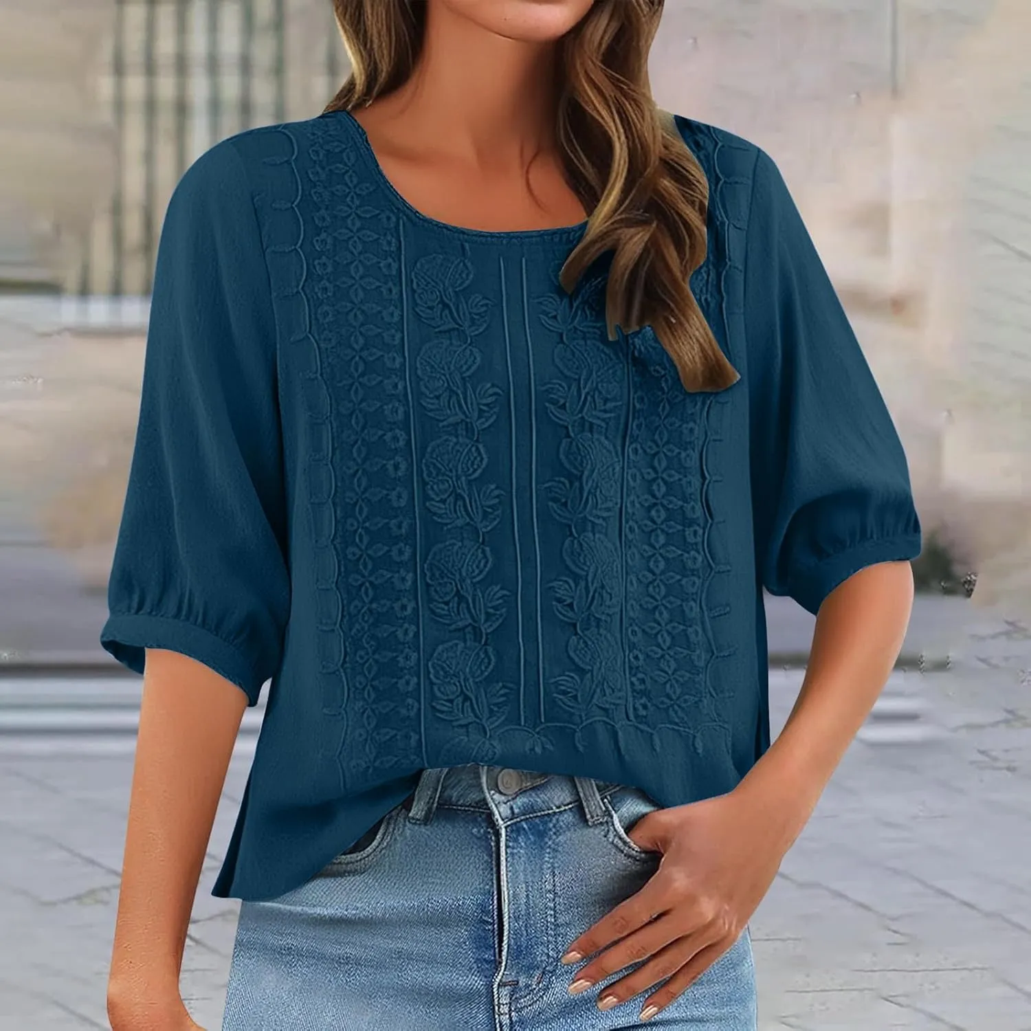 Womens Shirts 3/4 Sleeve Roll Up Short Sleeve T Shirt Trendy Cute Floral Print Blouse 2025 Summer Shirt Women