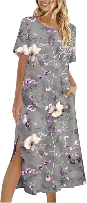 Womens Short Sleeve Casual Sun Dress Boho Floral Print Midi Dresses Comfy Trendy Split Beach Dresses