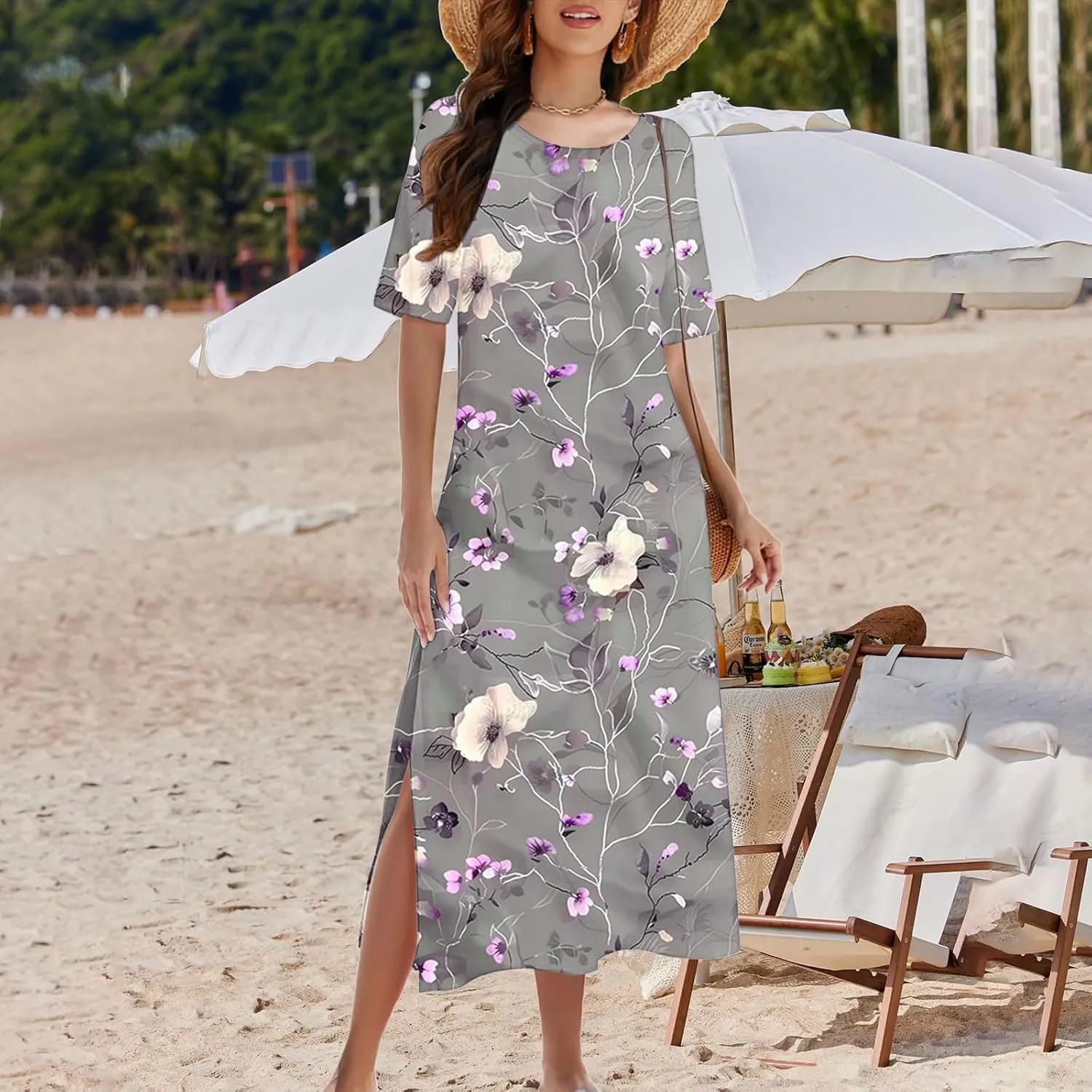 Womens Short Sleeve Casual Sun Dress Boho Floral Print Midi Dresses Comfy Trendy Split Beach Dresses