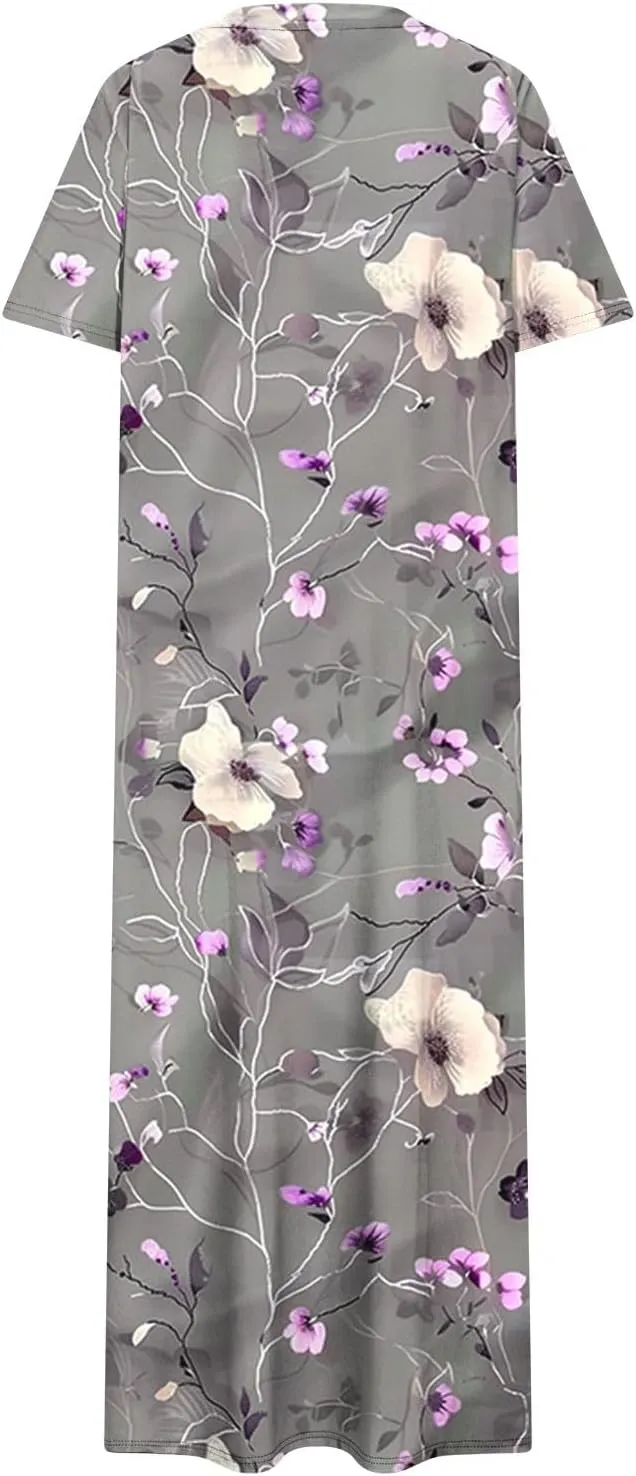 Womens Short Sleeve Casual Sun Dress Boho Floral Print Midi Dresses Comfy Trendy Split Beach Dresses
