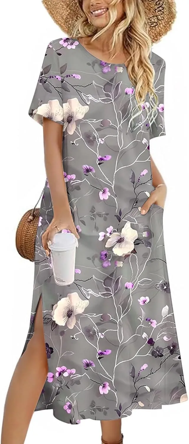 Womens Short Sleeve Casual Sun Dress Boho Floral Print Midi Dresses Comfy Trendy Split Beach Dresses