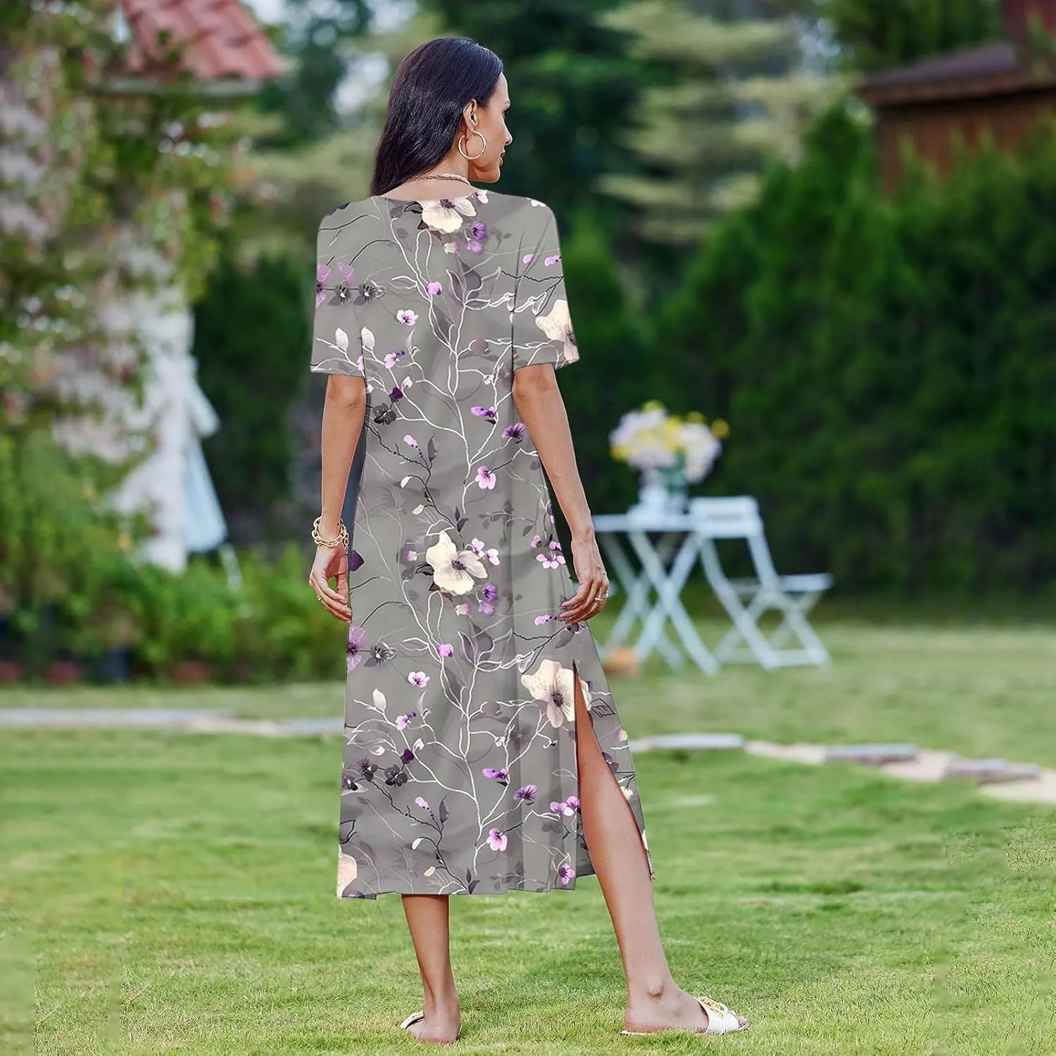 Womens Short Sleeve Casual Sun Dress Boho Floral Print Midi Dresses Comfy Trendy Split Beach Dresses