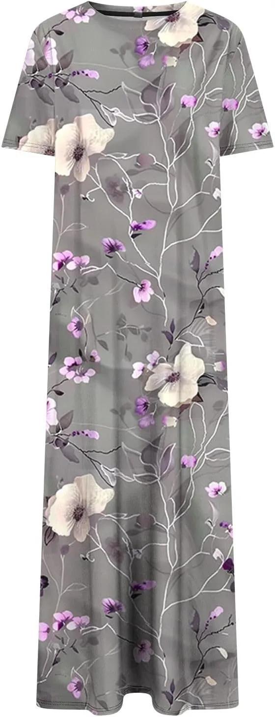 Womens Short Sleeve Casual Sun Dress Boho Floral Print Midi Dresses Comfy Trendy Split Beach Dresses