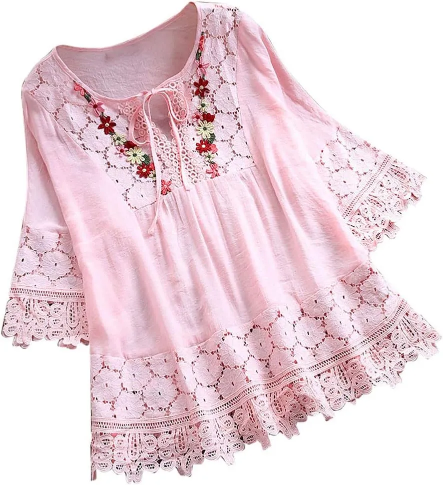 Womens Short Sleeve Cotton Linen Shirt Casual Crewneck Basic T-Shirt Button Loose Summer Tee Shirts