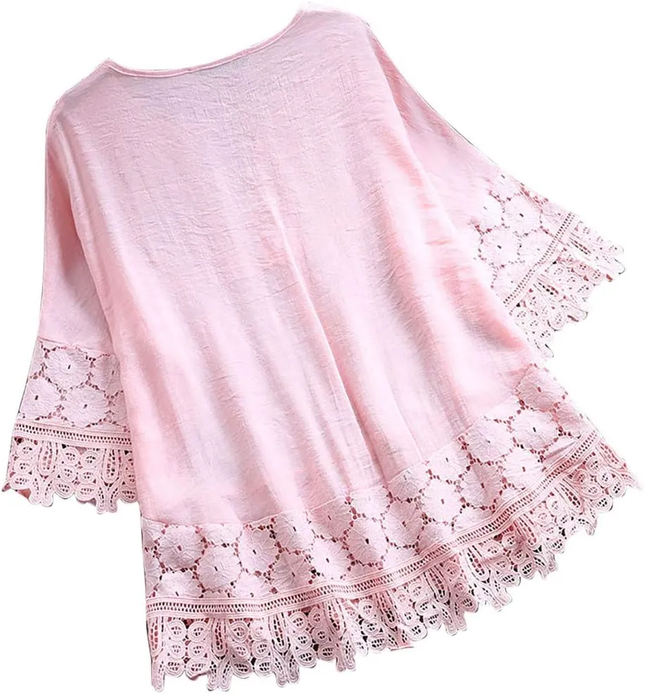 Womens Short Sleeve Cotton Linen Shirt Casual Crewneck Basic T-Shirt Button Loose Summer Tee Shirts