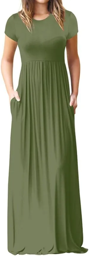 Women's Short Sleeve Split Maxi Dress Crewneck Tshirt Casual Plain Long Dresses Beach Basic Vacation Dresses Pockets