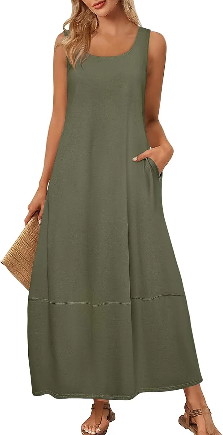 Women's Sleeveless Maxi Casual Loose Fit Long Sundress with Pockets for Summer Beach Vacation