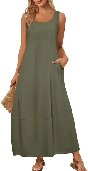 Women's Sleeveless Maxi Casual Loose Fit Long Sundress with Pockets for Summer Beach Vacation