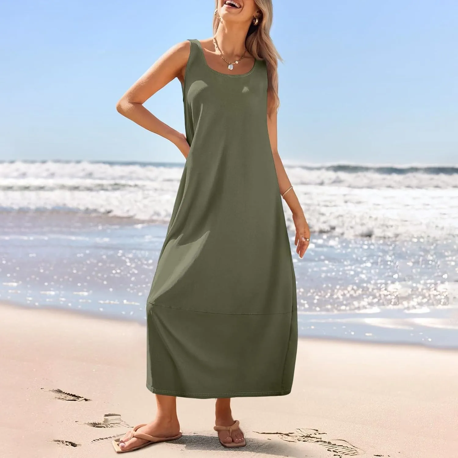 Women's Sleeveless Maxi Casual Loose Fit Long Sundress with Pockets for Summer Beach Vacation