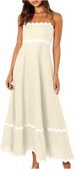 Womens Spaghetti Strap Sleeveless Rickrack Trim Dress Summer Casual Comfy A-Line Maxi Dress Vocation Flowy Long Dress