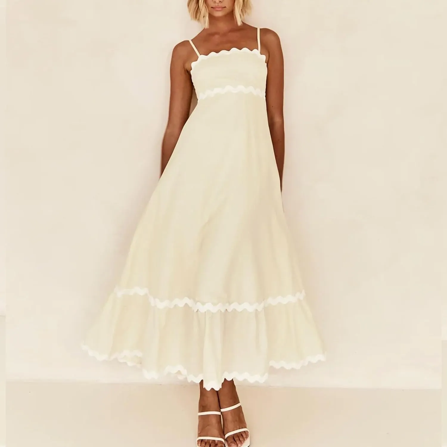 Womens Spaghetti Strap Sleeveless Rickrack Trim Dress Summer Casual Comfy A-Line Maxi Dress Vocation Flowy Long Dress