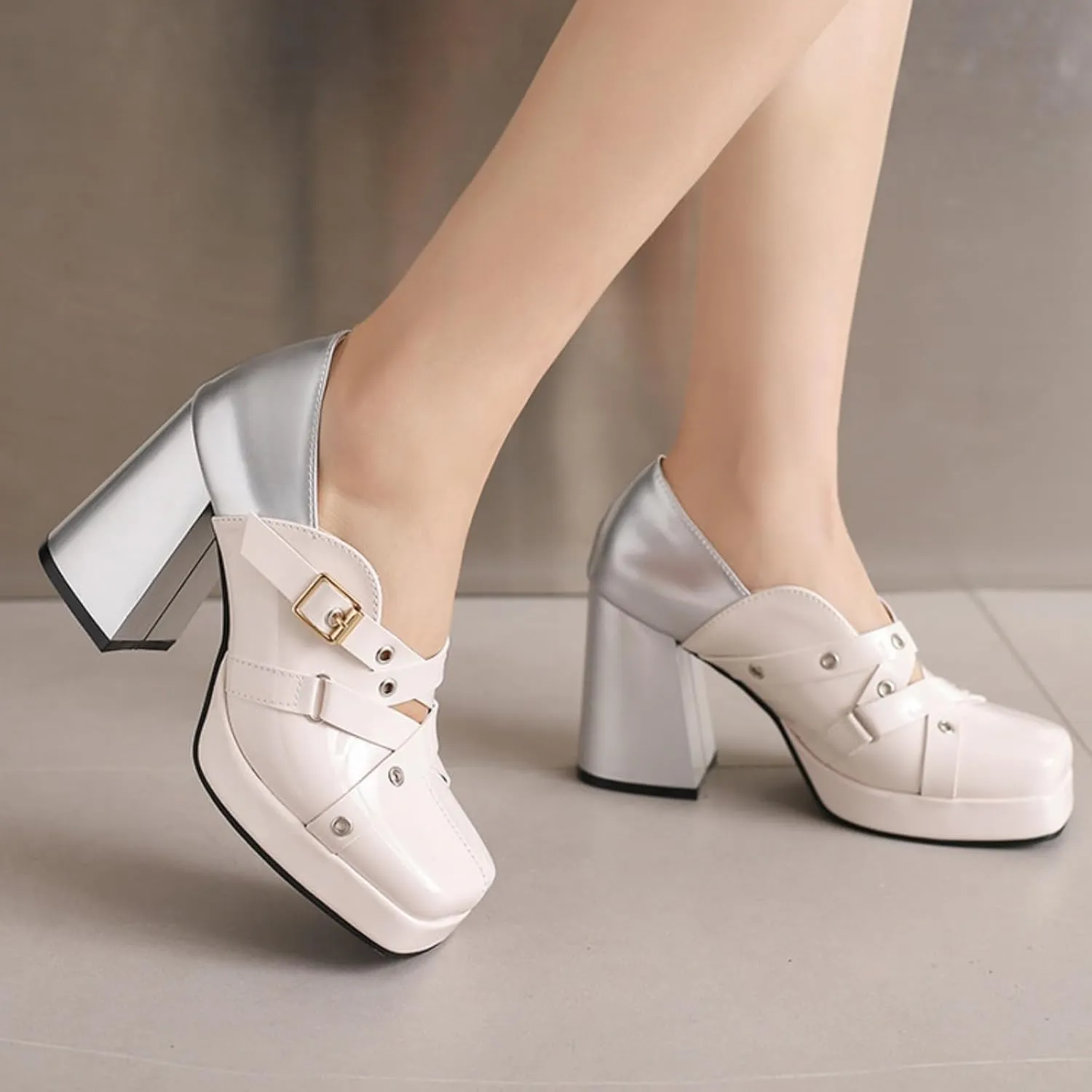 Women's Square Toe Closed Platform Chunky Heel Block Mary Jane Shoes Fashion Patchwork Belt Buckle Wedding Party Dress Pumps