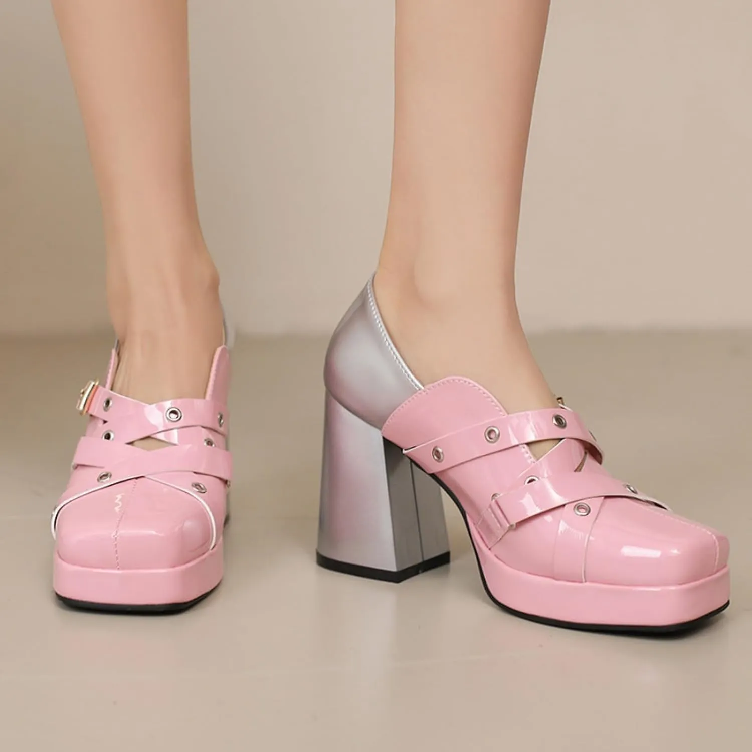 Women's Square Toe Closed Platform Chunky Heel Block Mary Jane Shoes Fashion Patchwork Belt Buckle Wedding Party Dress Pumps
