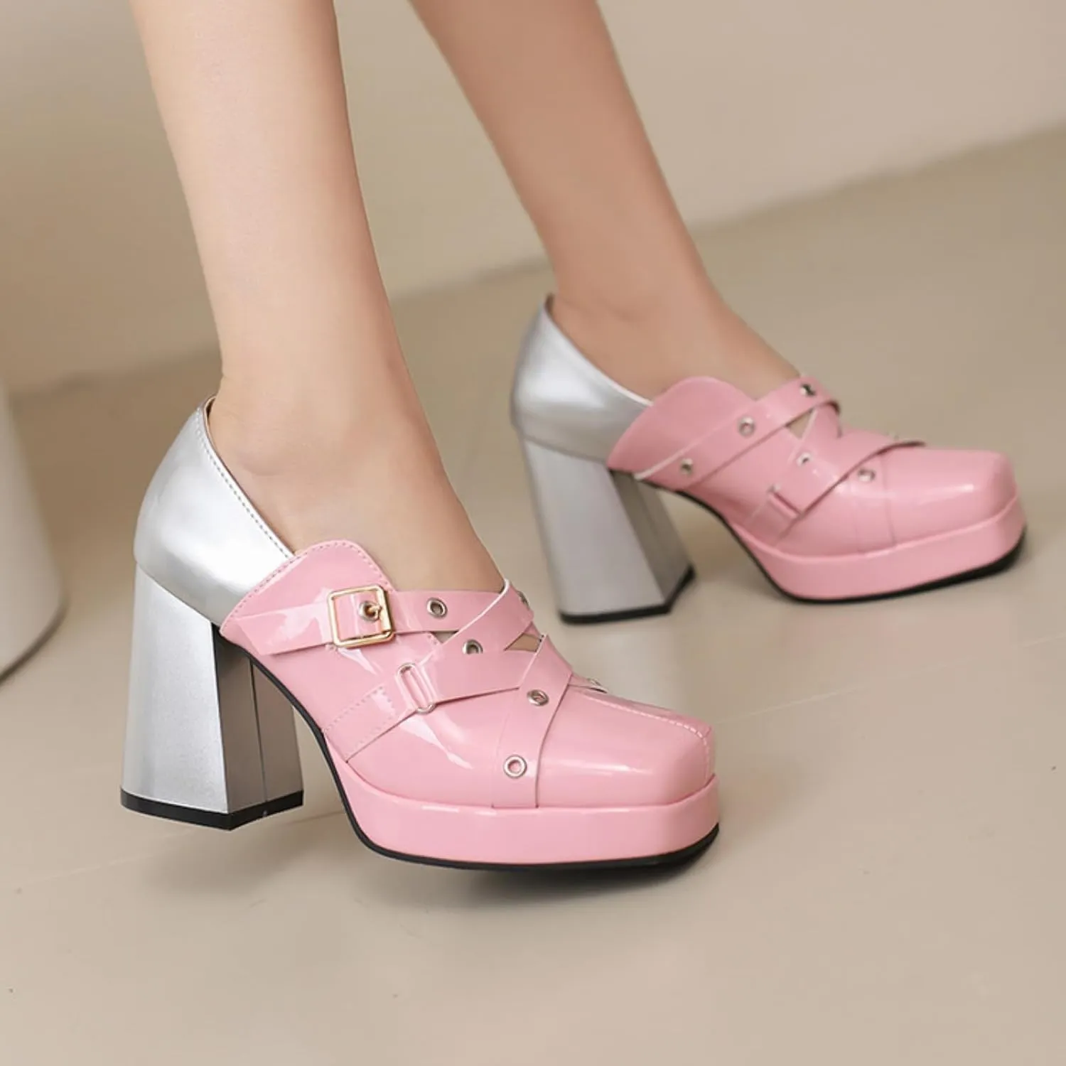 Women's Square Toe Closed Platform Chunky Heel Block Mary Jane Shoes Fashion Patchwork Belt Buckle Wedding Party Dress Pumps