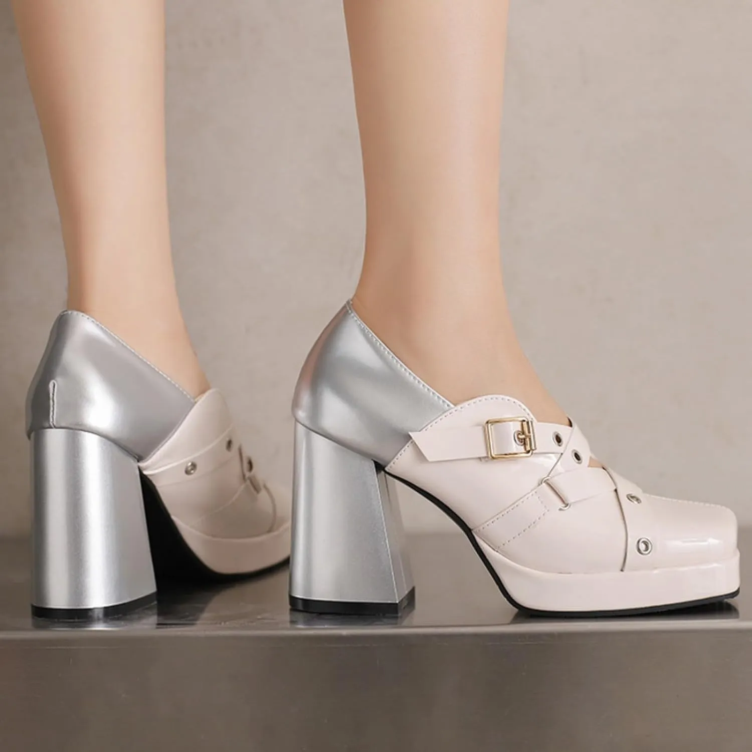 Women's Square Toe Closed Platform Chunky Heel Block Mary Jane Shoes Fashion Patchwork Belt Buckle Wedding Party Dress Pumps