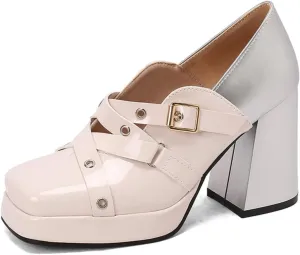 Women's Square Toe Closed Platform Chunky Heel Block Mary Jane Shoes Fashion Patchwork Belt Buckle Wedding Party Dress Pumps