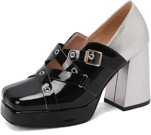 Women's Square Toe Closed Platform Chunky Heel Block Mary Jane Shoes Fashion Patchwork Belt Buckle Wedding Party Dress Pumps