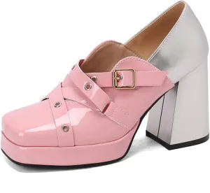Women's Square Toe Closed Platform Chunky Heel Block Mary Jane Shoes Fashion Patchwork Belt Buckle Wedding Party Dress Pumps