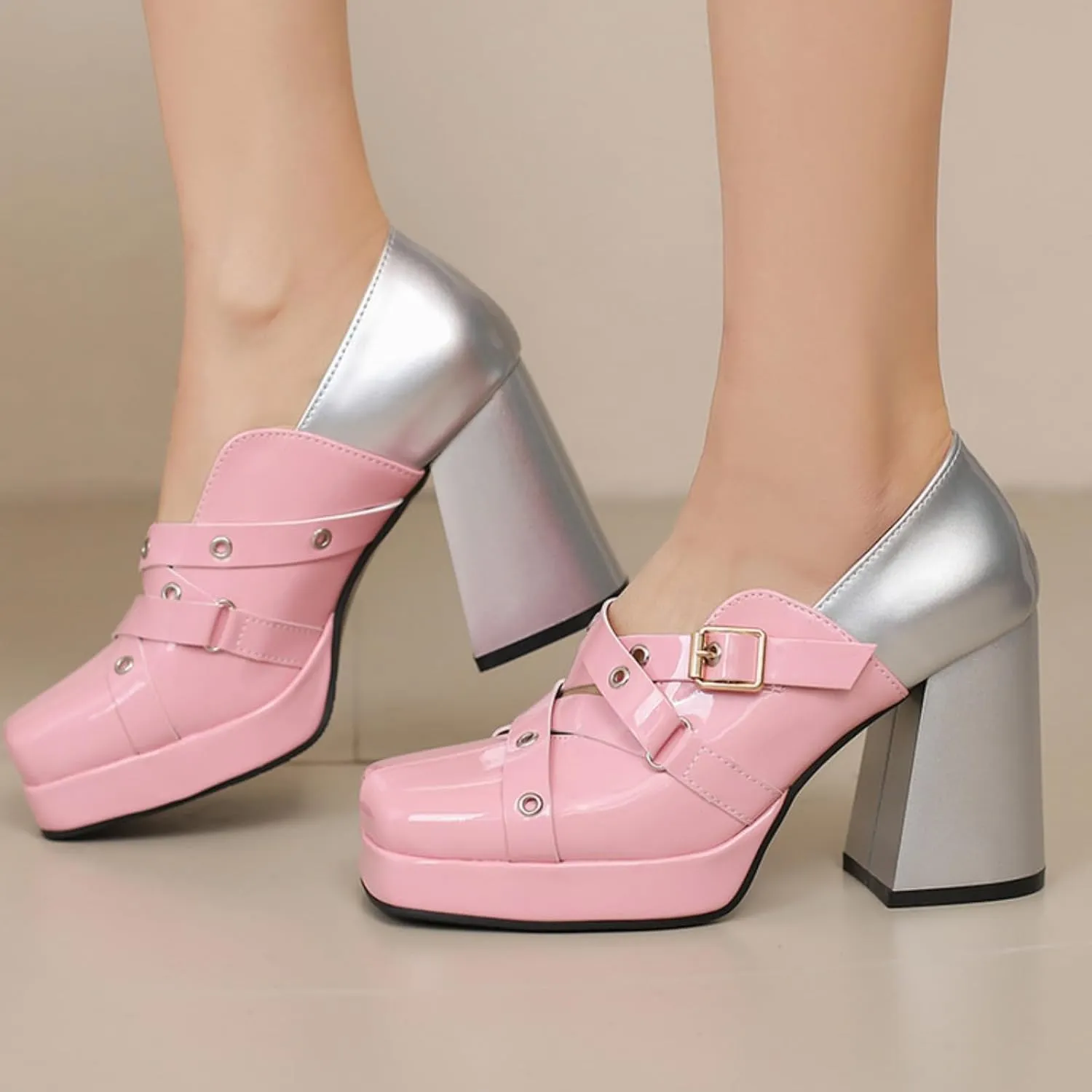 Women's Square Toe Closed Platform Chunky Heel Block Mary Jane Shoes Fashion Patchwork Belt Buckle Wedding Party Dress Pumps