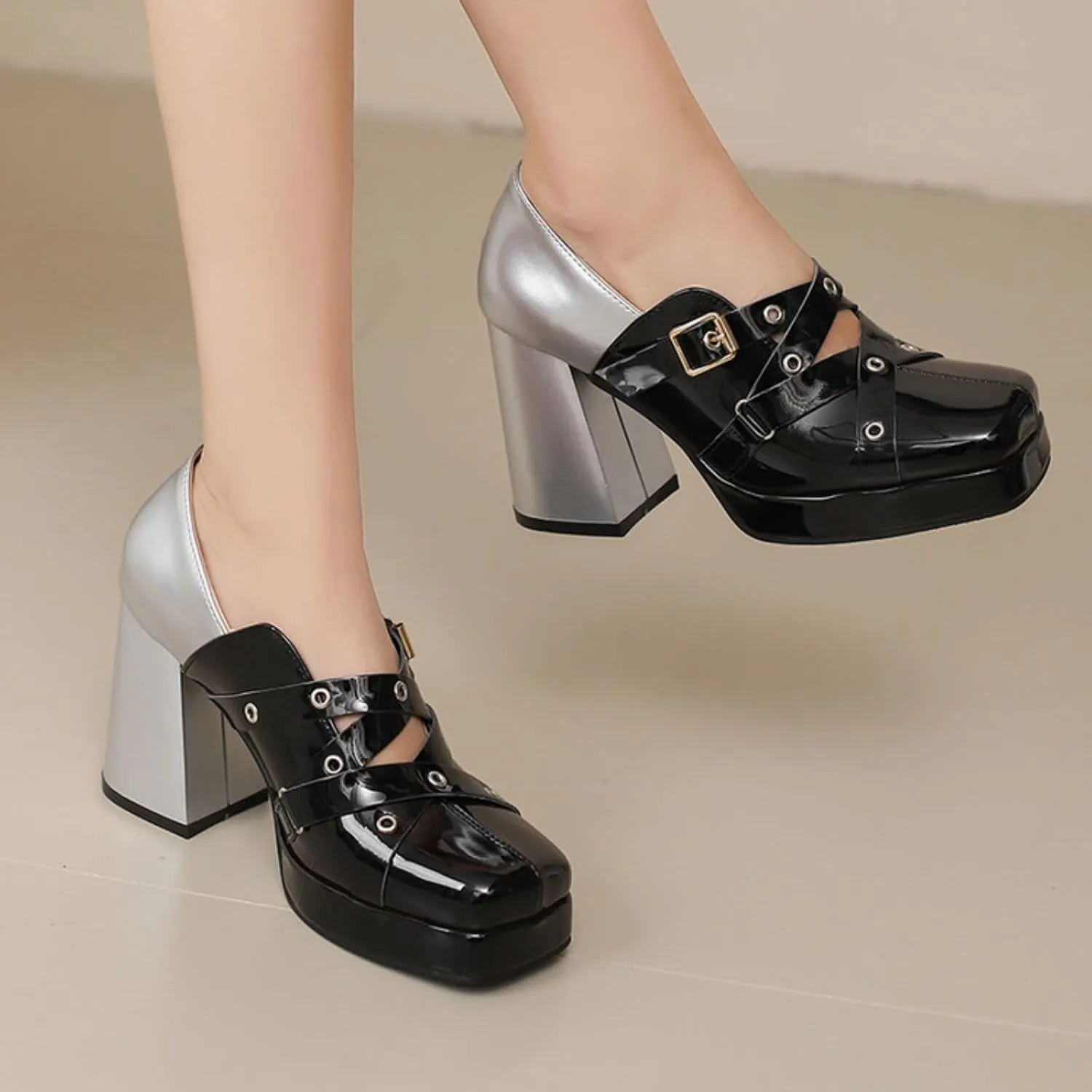 Women's Square Toe Closed Platform Chunky Heel Block Mary Jane Shoes Fashion Patchwork Belt Buckle Wedding Party Dress Pumps