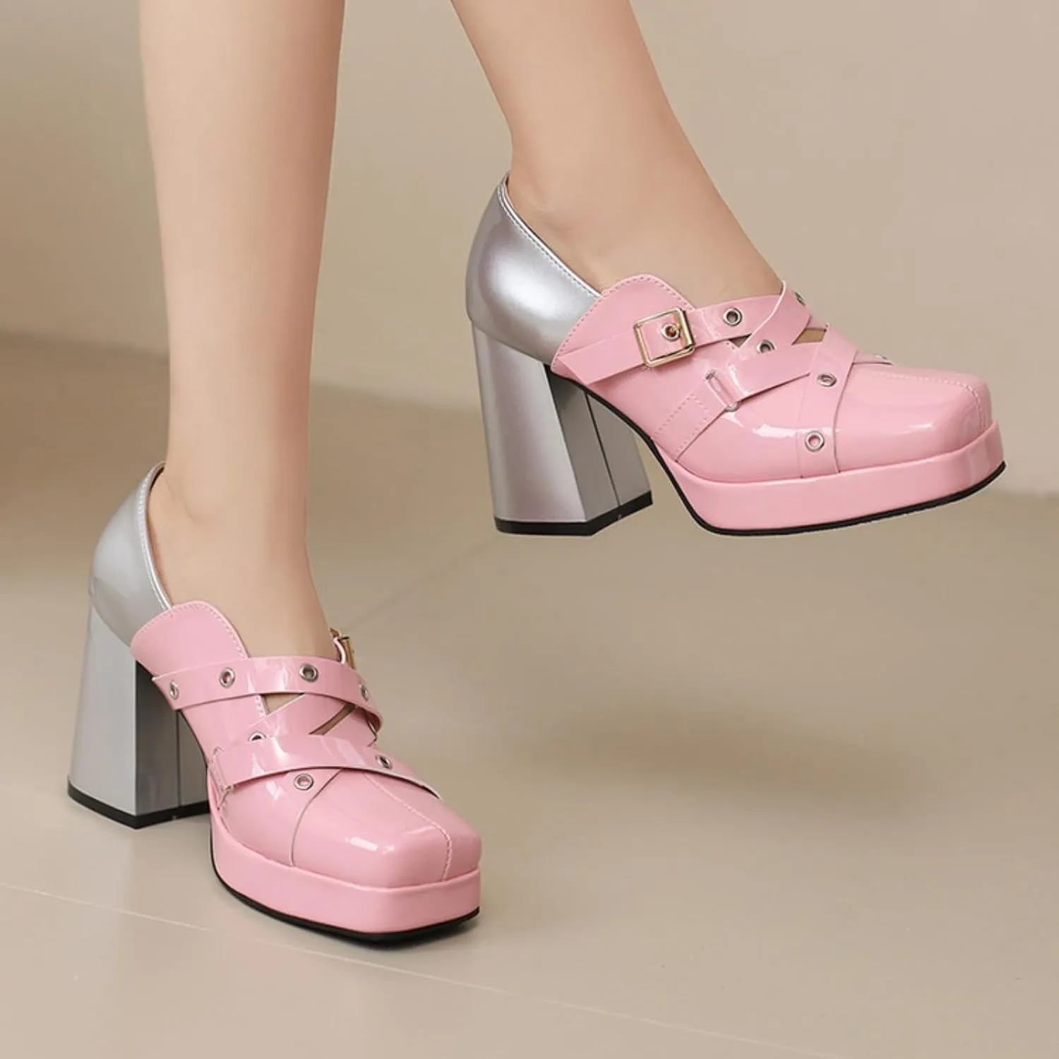 Women's Square Toe Closed Platform Chunky Heel Block Mary Jane Shoes Fashion Patchwork Belt Buckle Wedding Party Dress Pumps