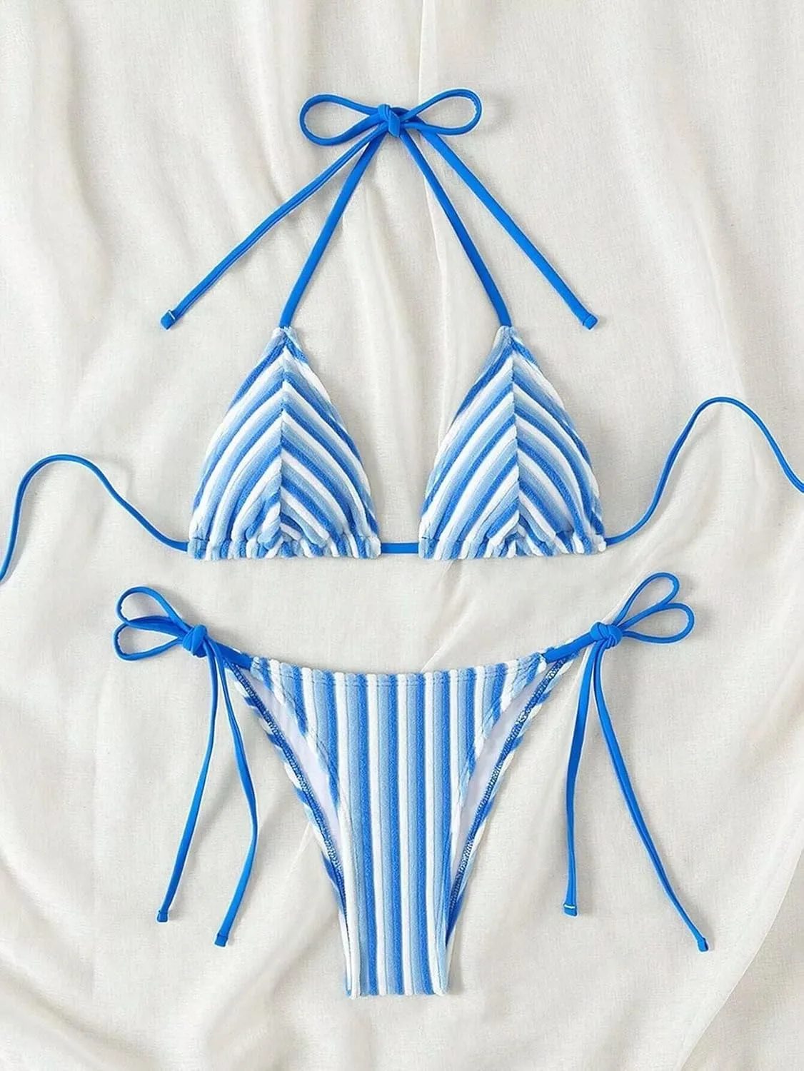 Women's Striped Printed Bathing Suit Colorblock Textured Pattern Swimsuit Bikini Set