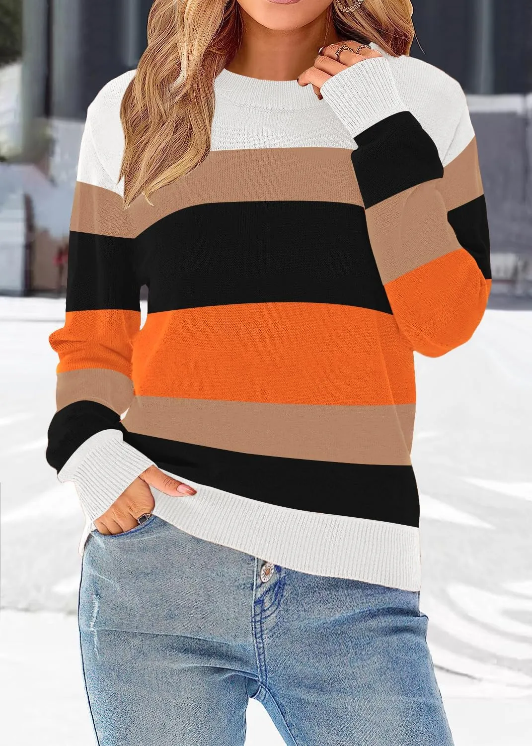 Women’s Striped Sweater Long Sleeve Crew Neck Ribbed Knit 2025 Fall Winter Pullover Sweater Tops